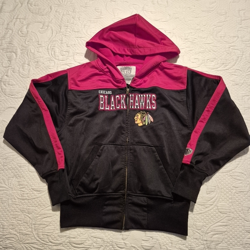 Chicago Blackhawks boys Medium black & rec full zip up sweatshirt hoodie VGUC